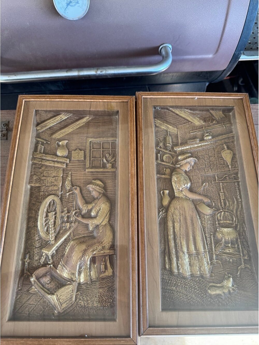 Vintage Atlantic mold 2 Sculptured Framed Art Women Village Rustic Folk Pictures
